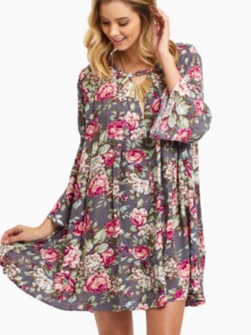 Umgee Boho Gray Floral Tunic Mini Dress with Pink Floral Print Small